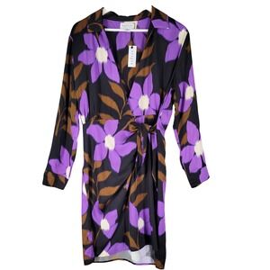Velvet by Graham & Spencer Purple Floral Print Satin Wrap Dress Size M Janey
